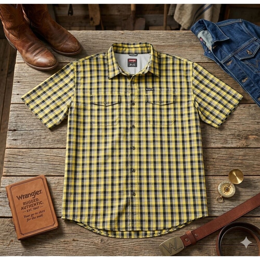 Wrangler Mens XL Regular Fit Yellow Black Plaid Short Sleeve Button Up Shirt